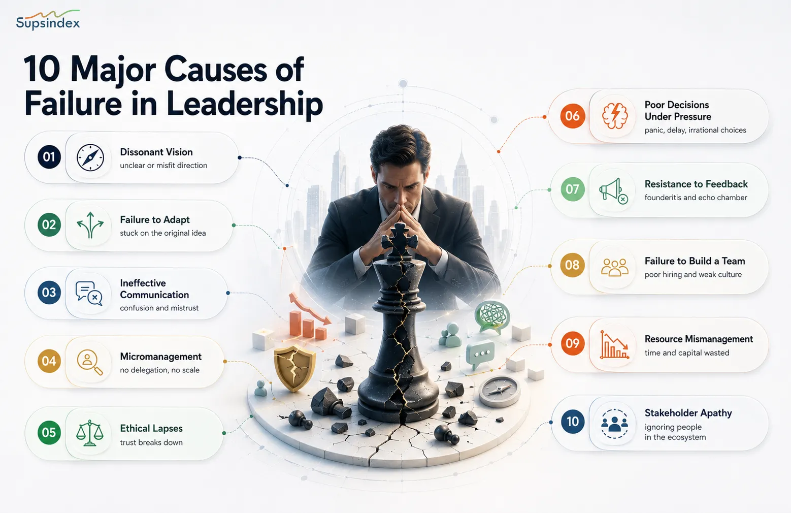 A list of the 10 major causes of failure in leadership for startup founders.