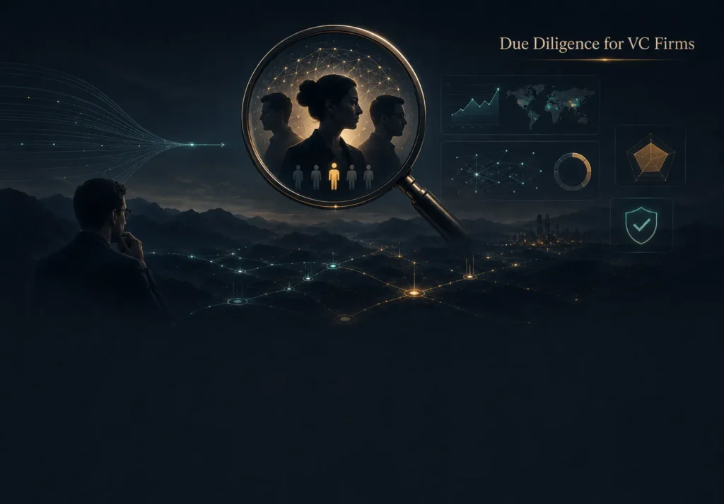 A magnifying glass focusing on founders, illustrating the future of VC due diligence and measuring founder risk.
