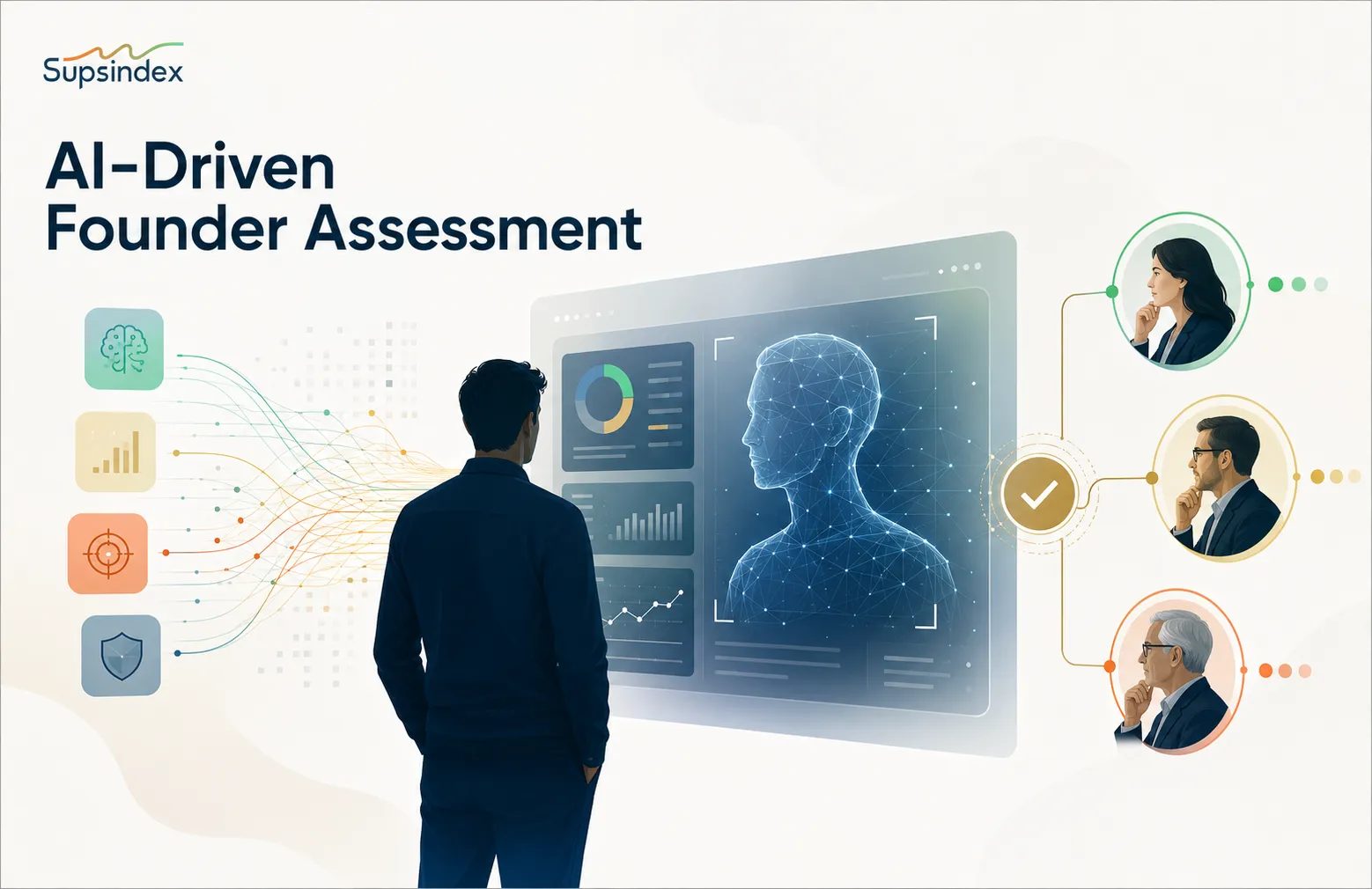 A founder interacting with an AI driven founder assessment dashboard for startup evaluation.