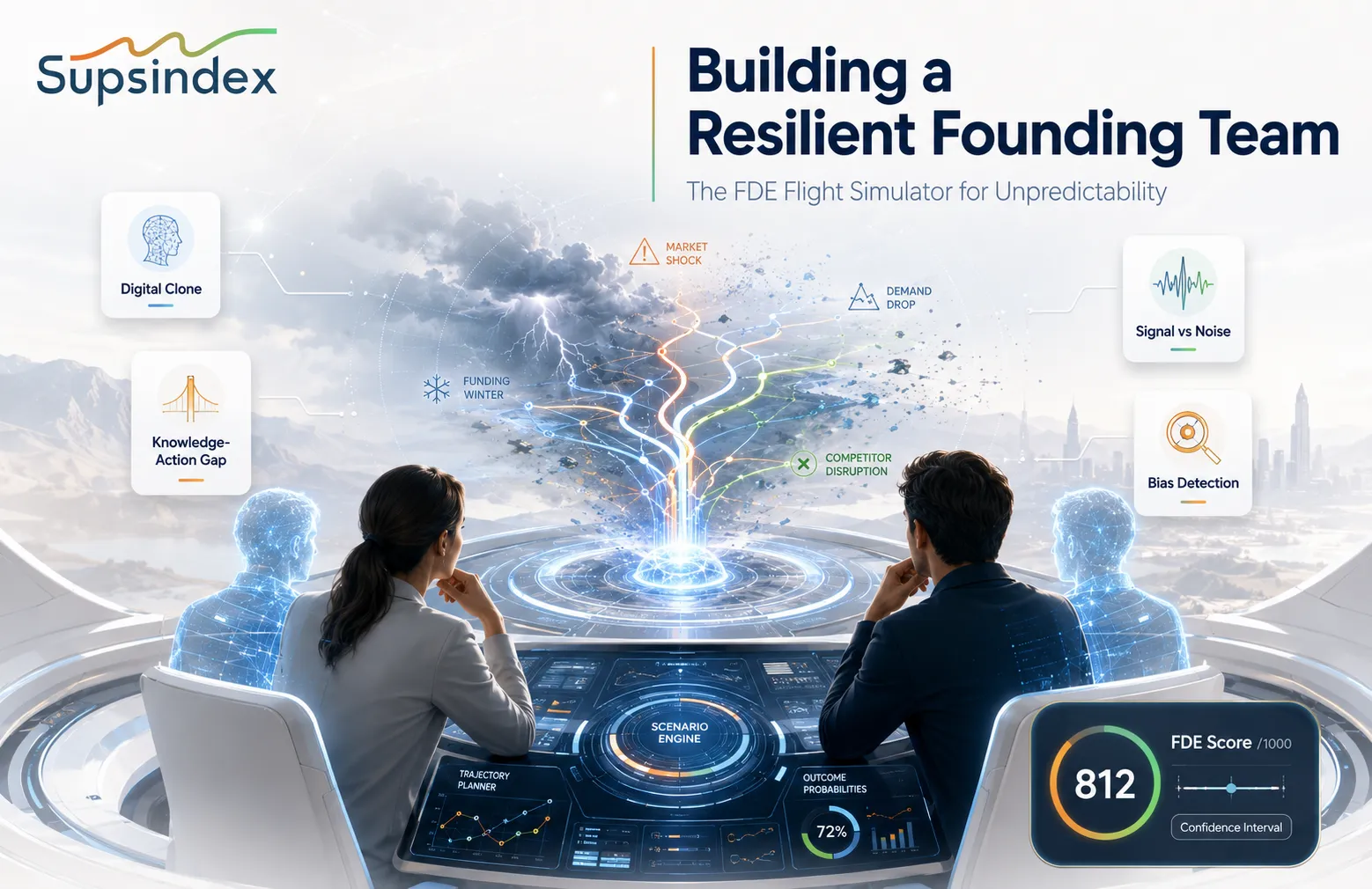 A simulation interface for building a resilient founding team and navigating market unpredictability.