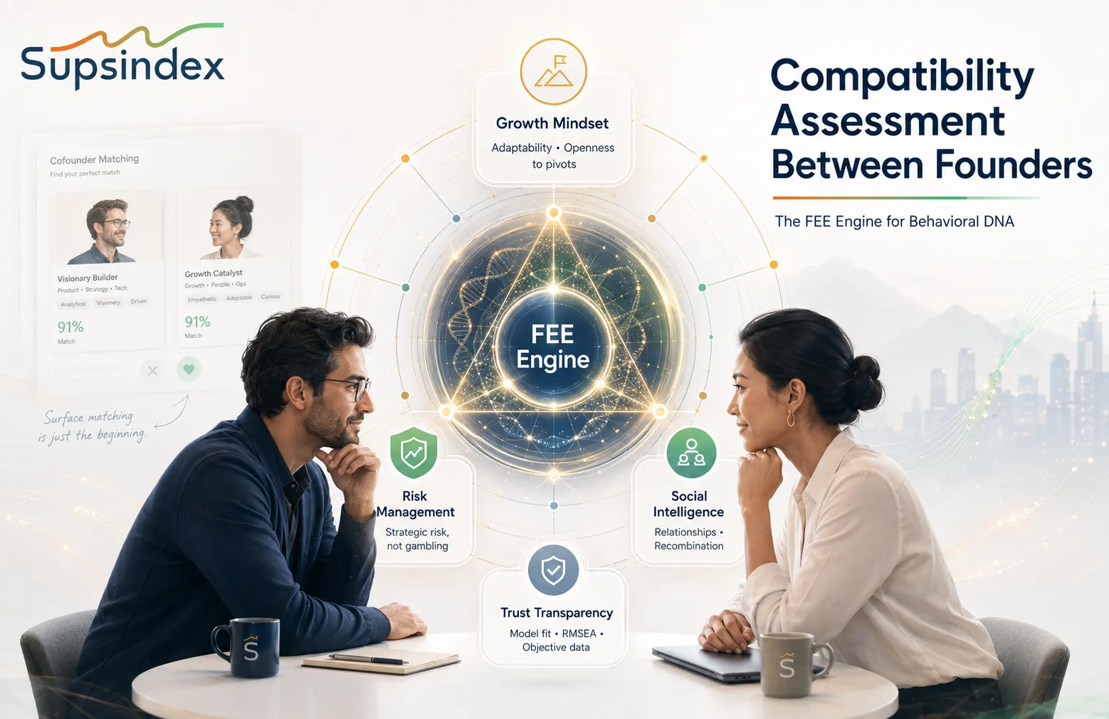 A dashboard showing a compatibility assessment between founders using the FEE Engine for behavioral DNA.
