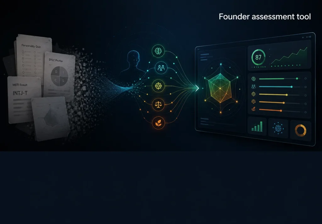 Infographic showing how a specialized founder assessment tool replaces static personality quizzes.