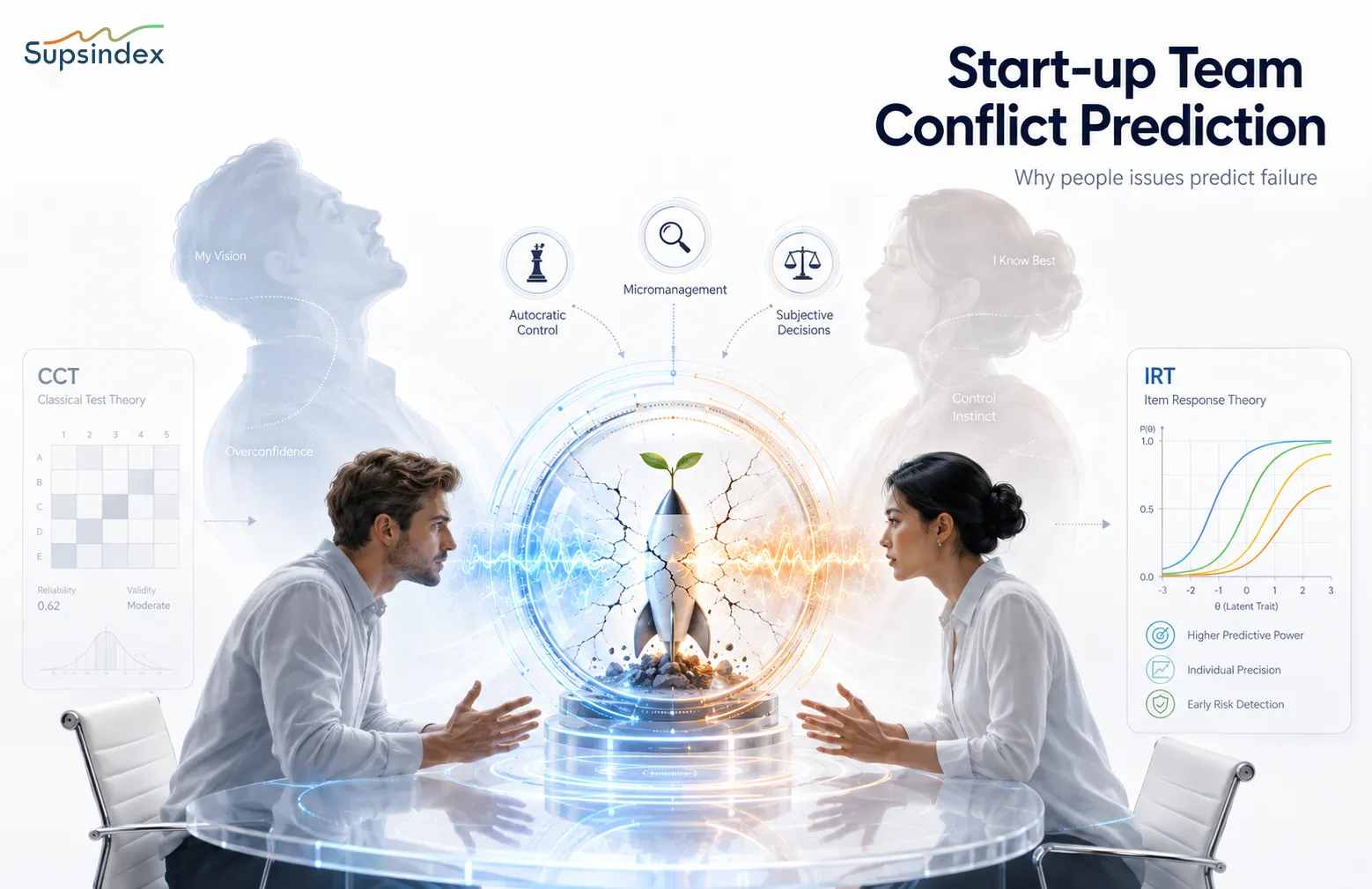 An infographic explaining start-up team conflict prediction and the scientific reasons why teams fail.