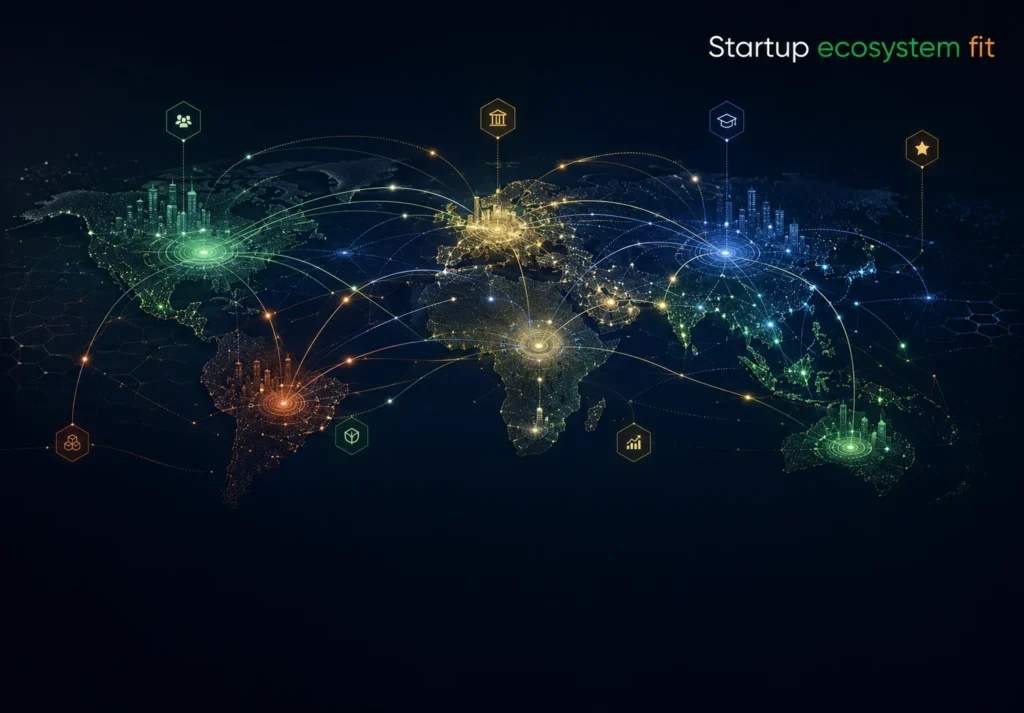 A founder analyzing startup ecosystem fit and global integration metrics.
