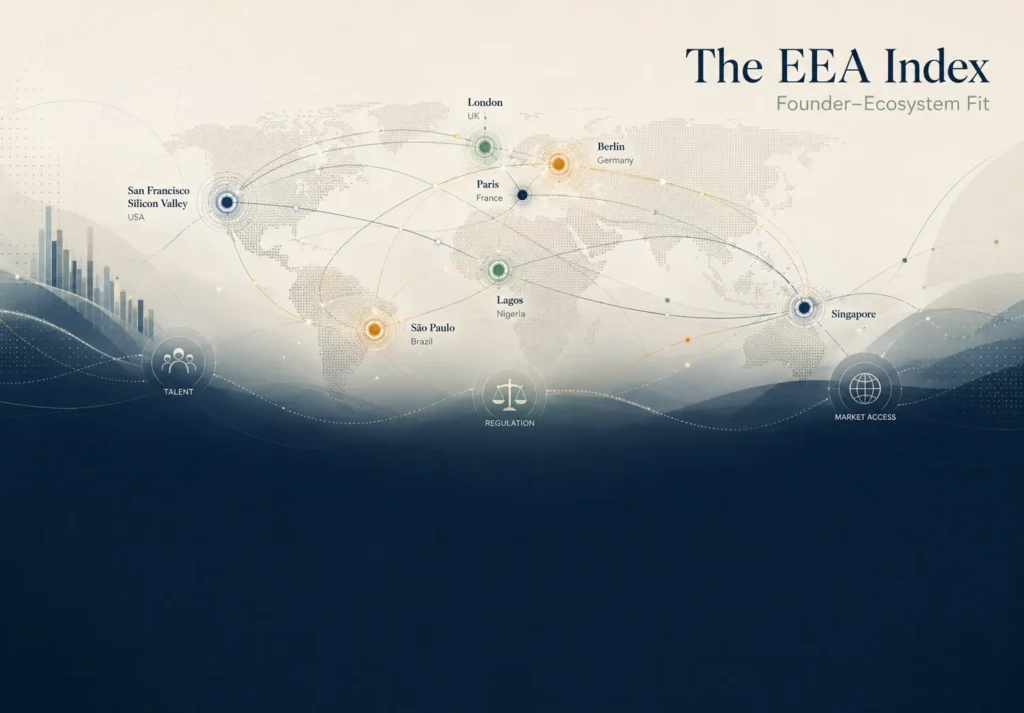 Global map visualizing the EEA Index and founder-ecosystem fit across different startup hubs