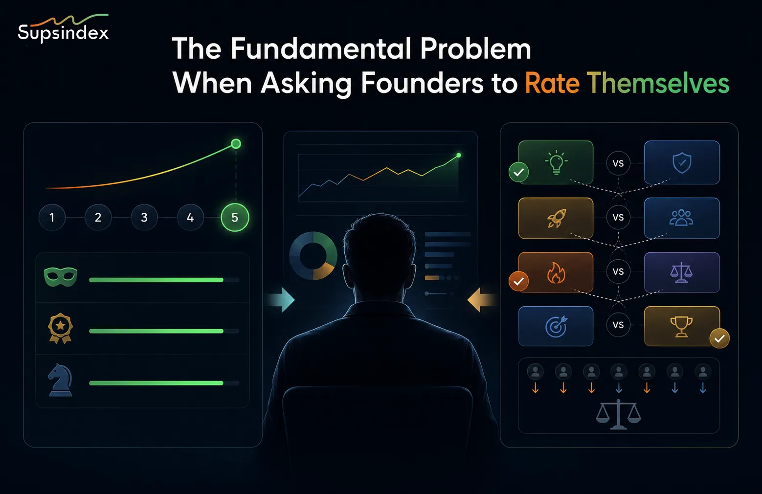 Infographic showing the fundamental problem when asking founders to rate themselves without Thurstonian Item Response Theory.