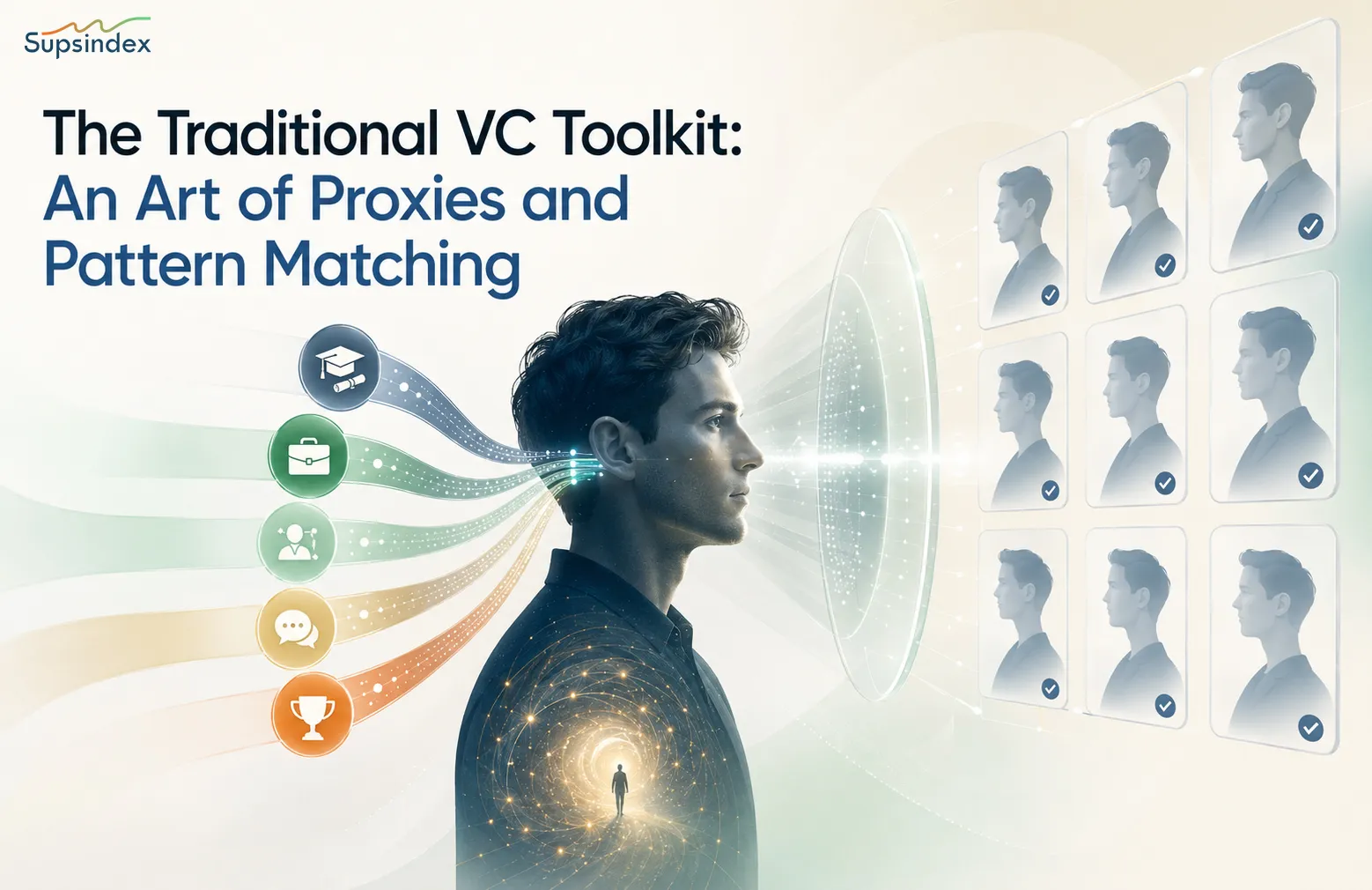 Infographic showing the traditional VC toolkit focusing on proxies and pattern matching.