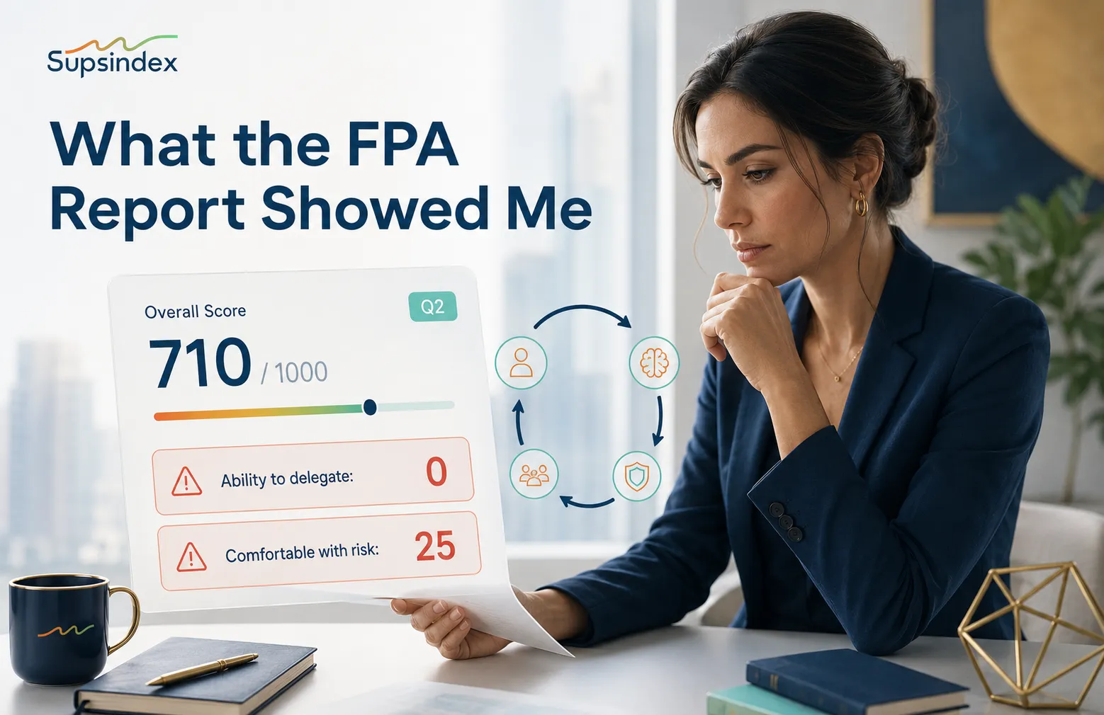 A female startup founder analyzing her FPA report, which highlights a critical zero score in founder delegation and risk tolerance.
