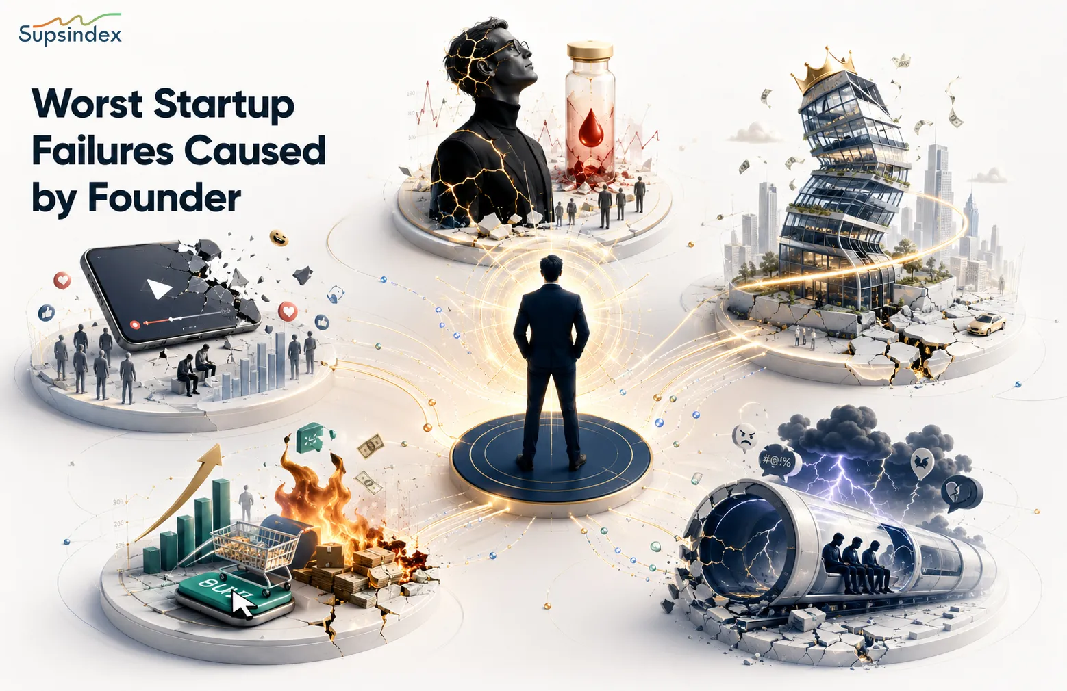 Visual representation of the worst startup failures caused by founder behavior and cognitive bias.