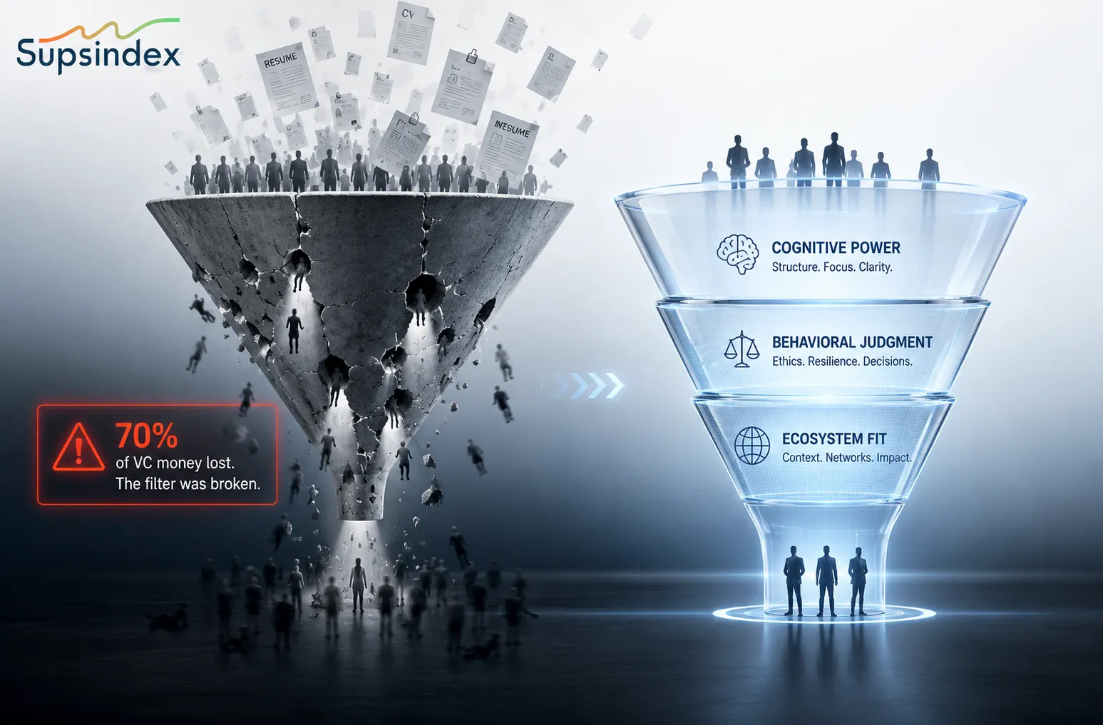 A funnel diagram showing the key problem facing the EIC 2025 initiative regarding venture capital loss.