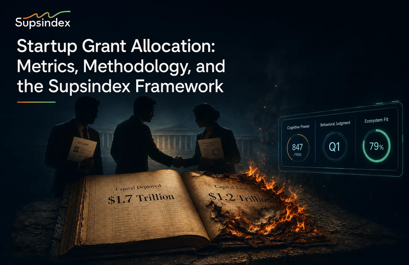 A visual representation of startup grant allocation metrics, methodology, and the Supsindex framework.