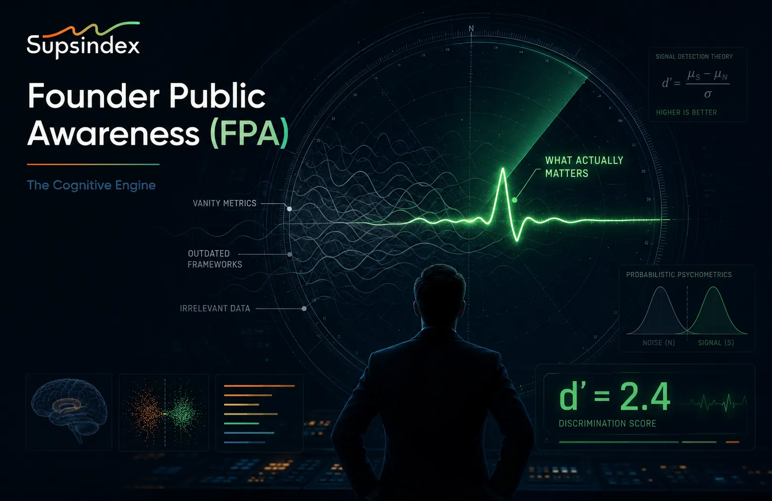 An analytical radar screen illustrating the Founder Public Awareness (FPA) Index and The Cognitive Engine.