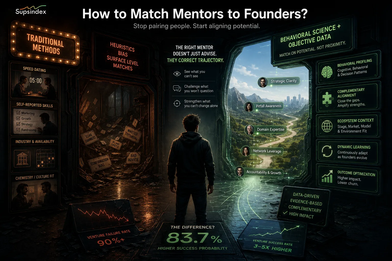 An analytical interface displaying how to match mentors to founders using behavioral science and objective data.