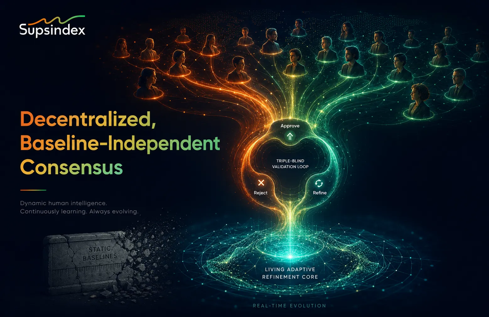 A model showing the Supsindex alternative utilizing decentralized, baseline-independent consensus.