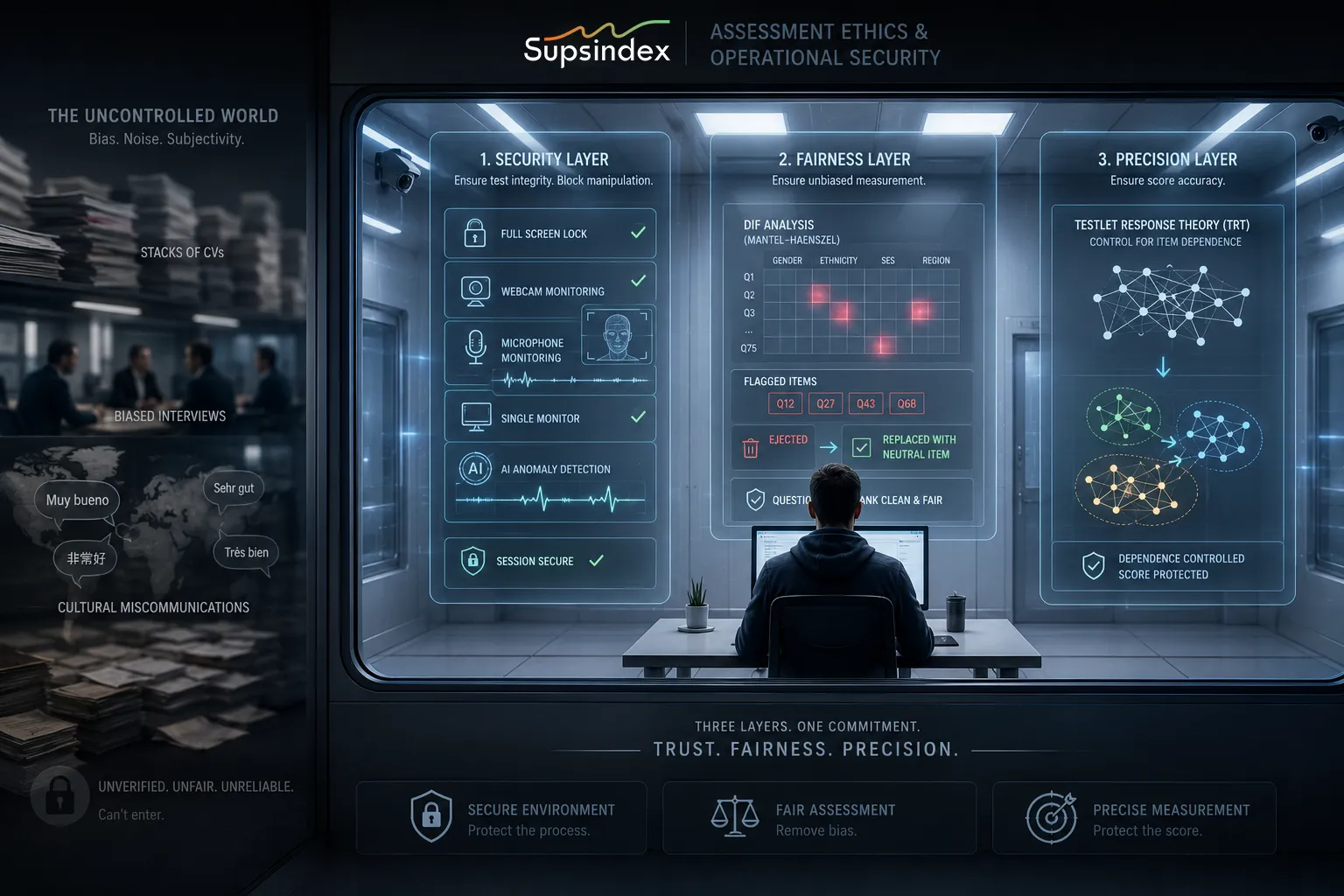A secure assessment interface demonstrating assessment ethics and operational security measures.