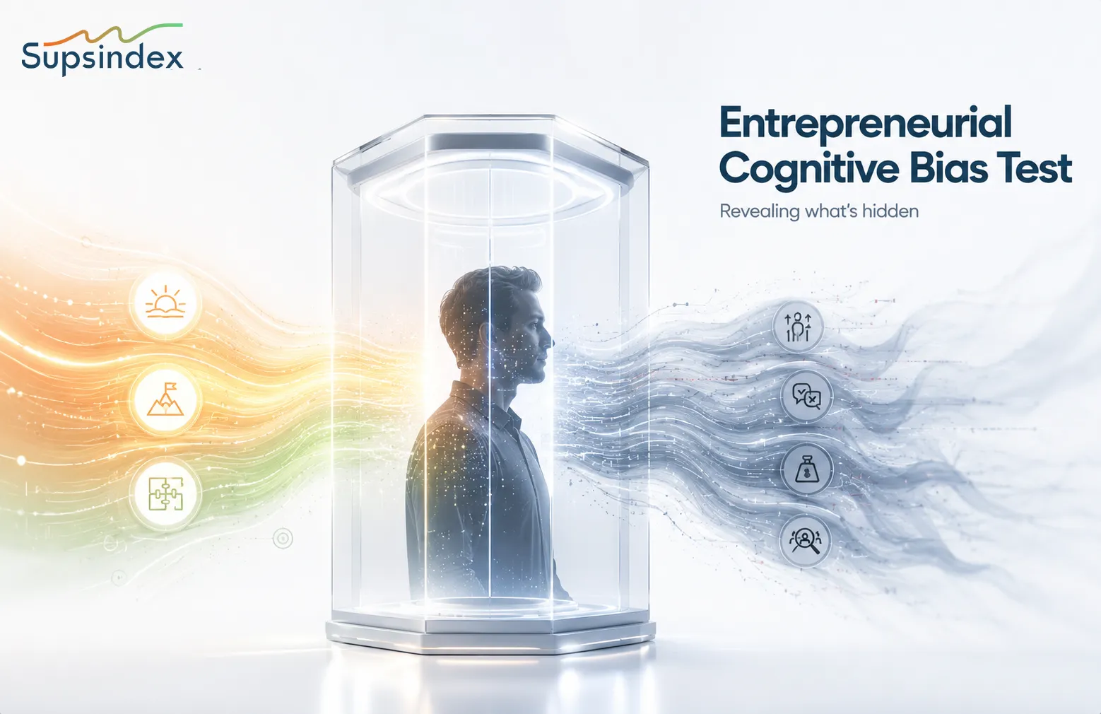 A founder undergoing a data-driven entrepreneurial cognitive bias test inside a clean isolation chamber.