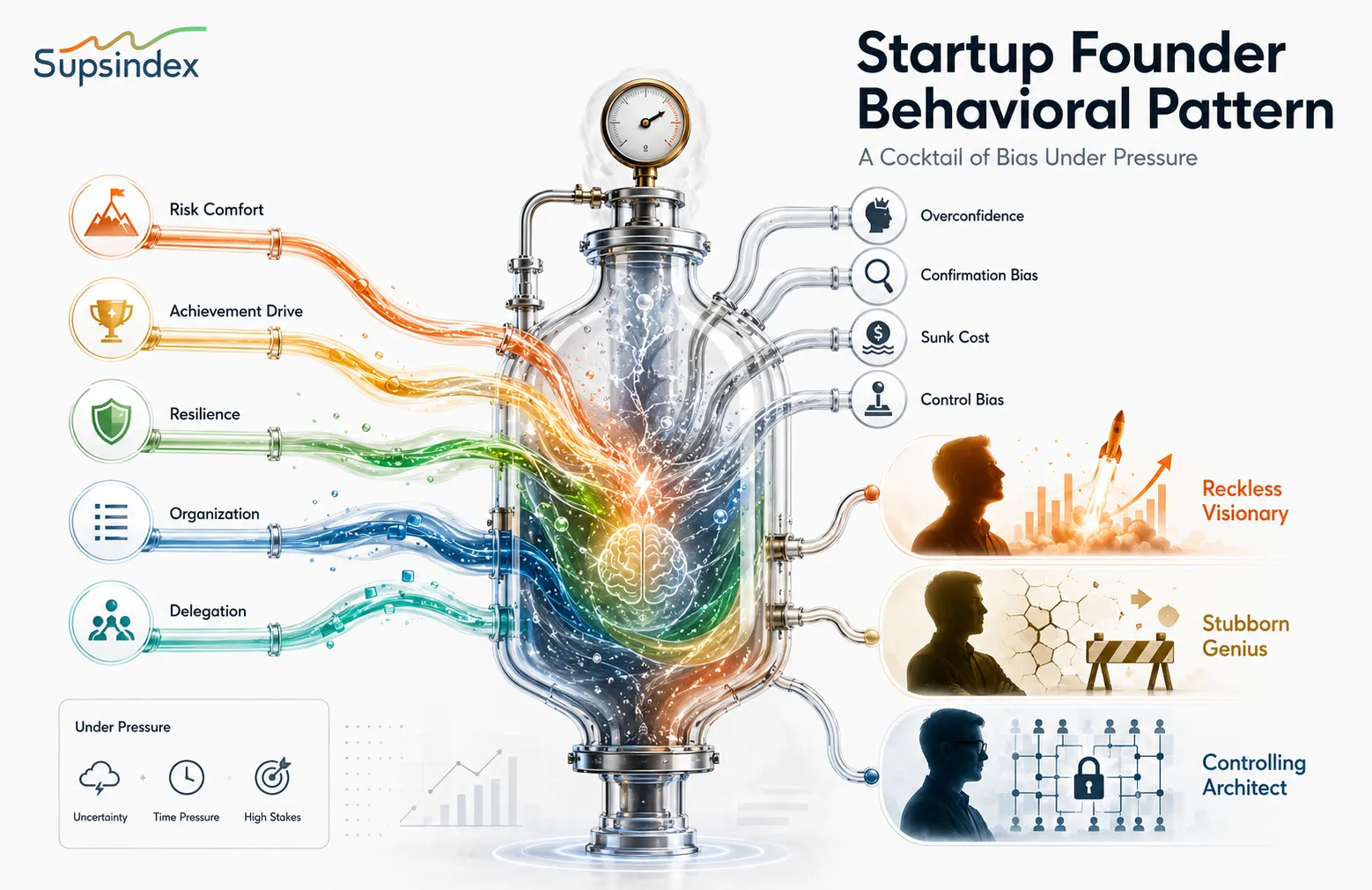 An intricate mental cockpit displaying a destructive startup founder behavioral pattern under pressure.