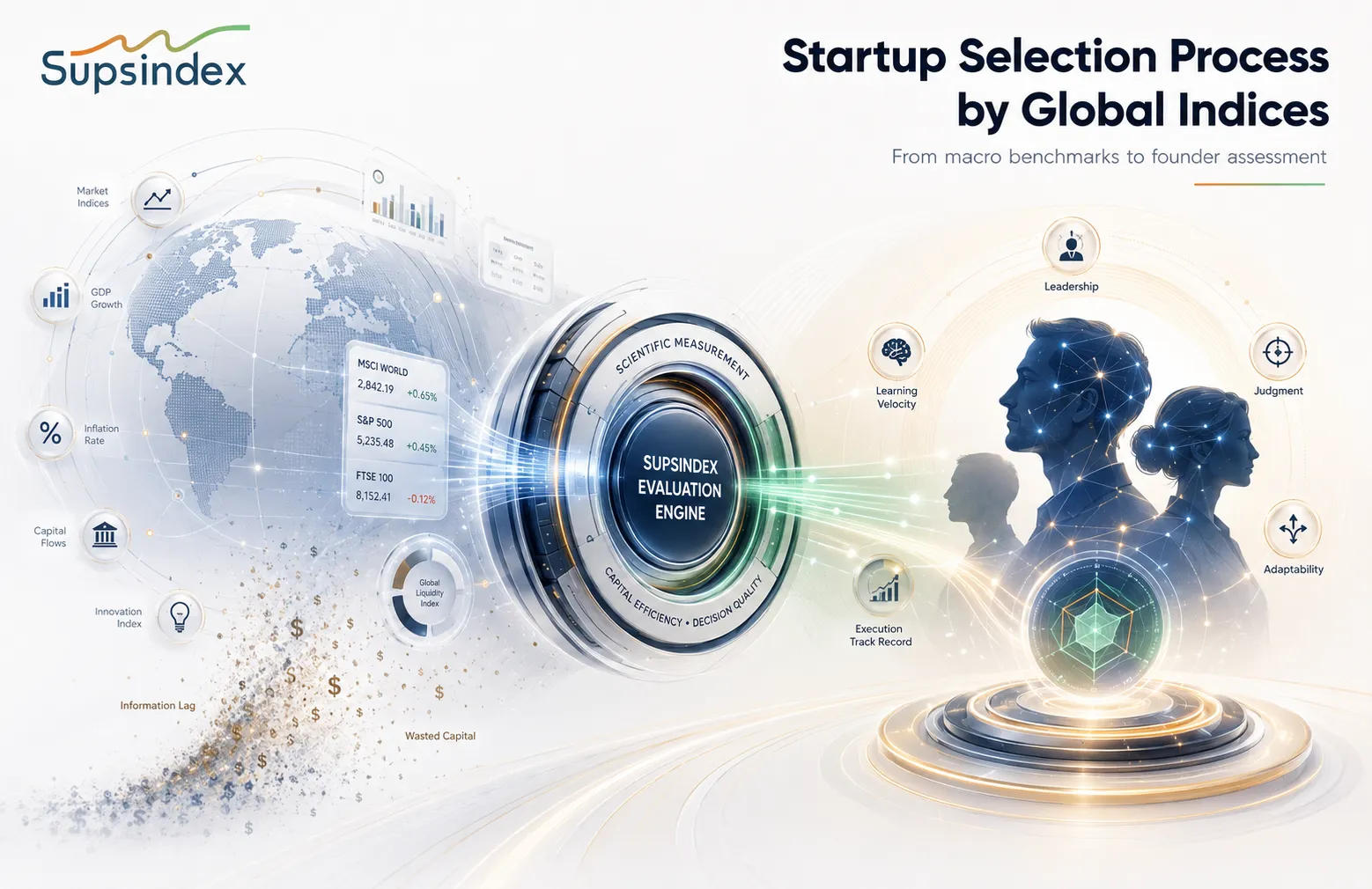 A visual diagram of the startup selection process by global indices showing founder evaluation.