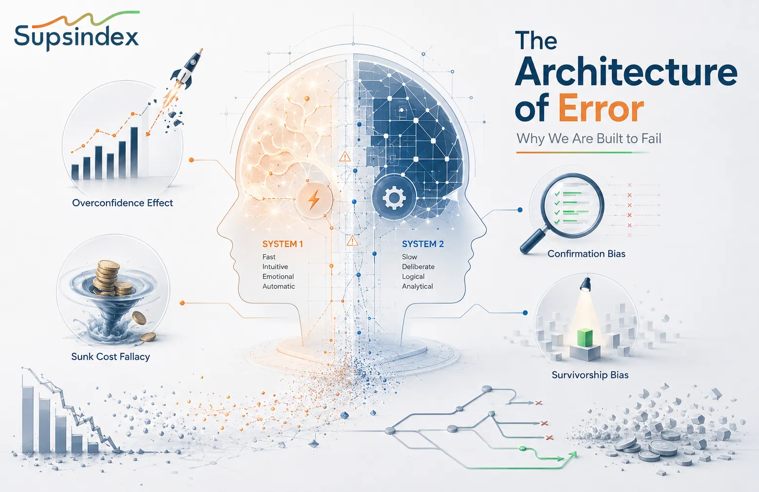 A psychological diagram explaining the architecture of error between System 1 and System 2 processing.