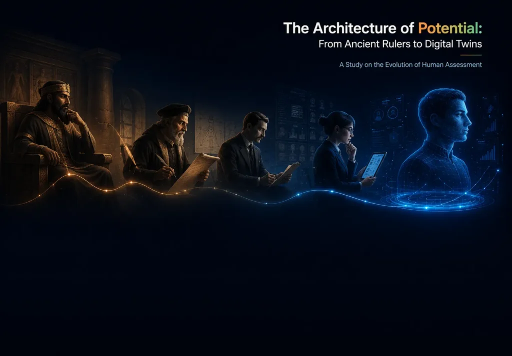 A conceptual visual representing the architecture of potential from ancient rulers to digital twins.