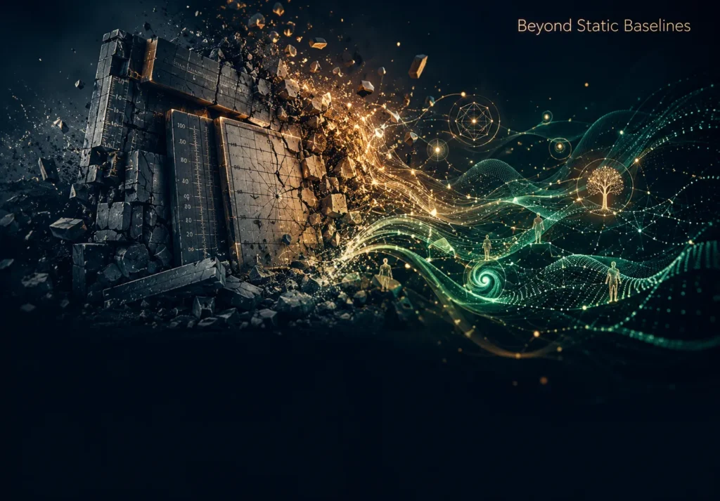 A visual diagram highlighting the epistemic flaw of static baselines in founder assessment.